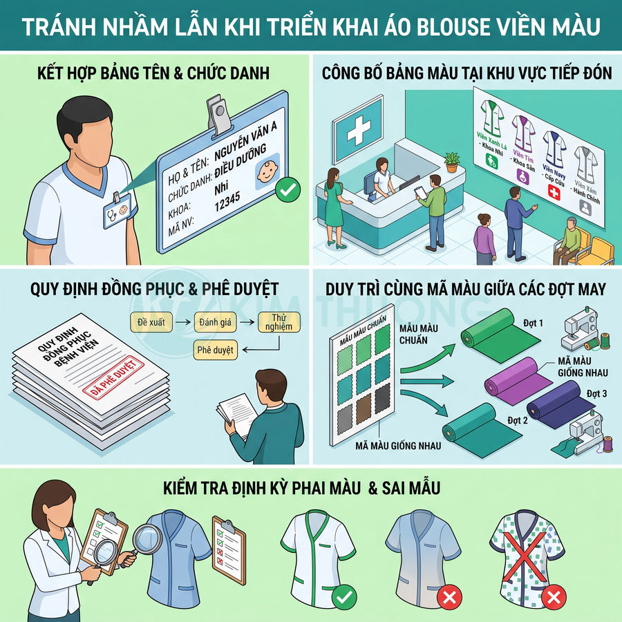 Hướng dẫn triển khai áo blouse viền màu trong bệnh viện với bảng tên, quy định đồng phục và kiểm tra màu vải